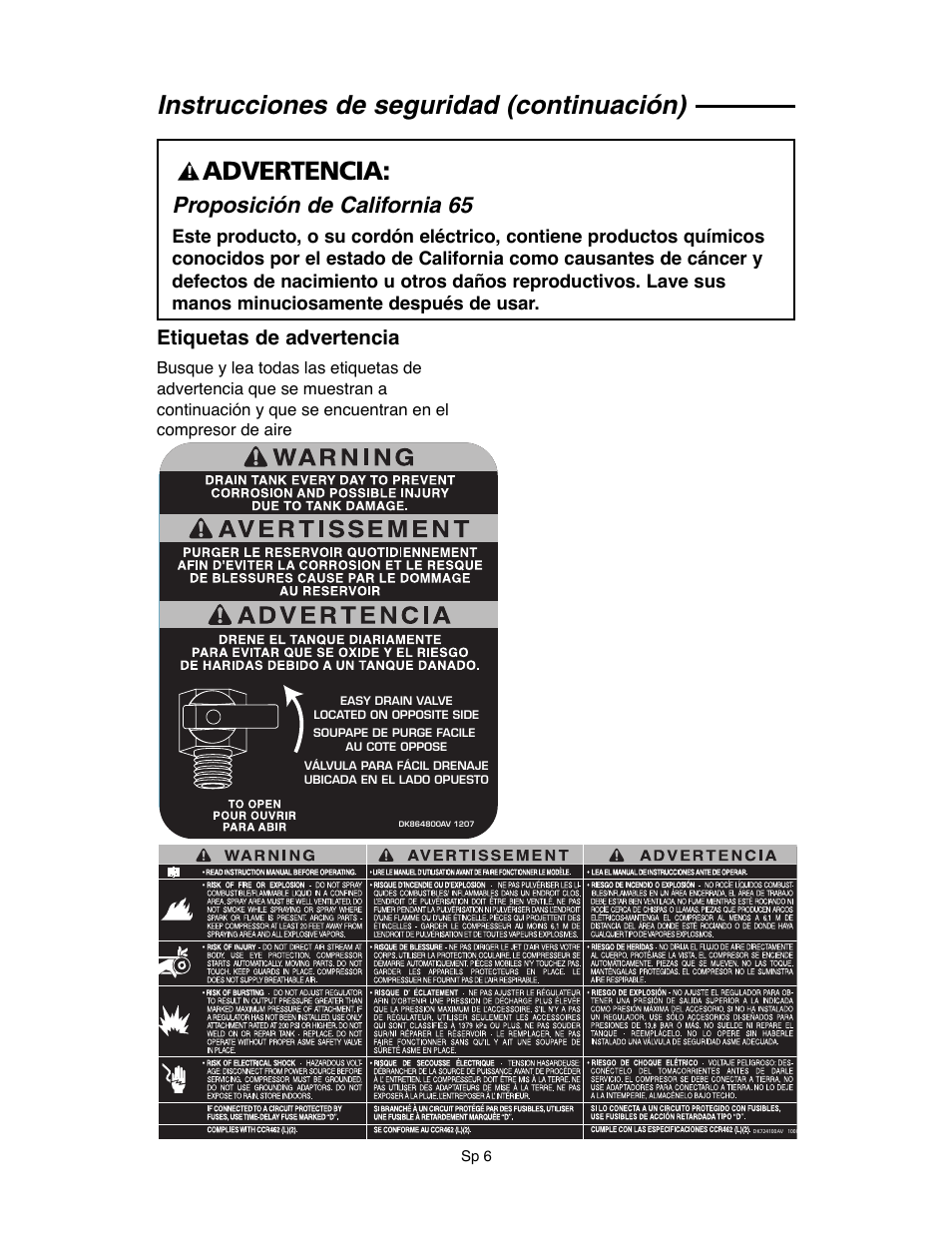 Instrucciones de seguridad (continuación), Advertencia, Proposición de california 65 | Etiquetas de advertencia | RIDGID OF45175A User Manual | Page 30 / 72