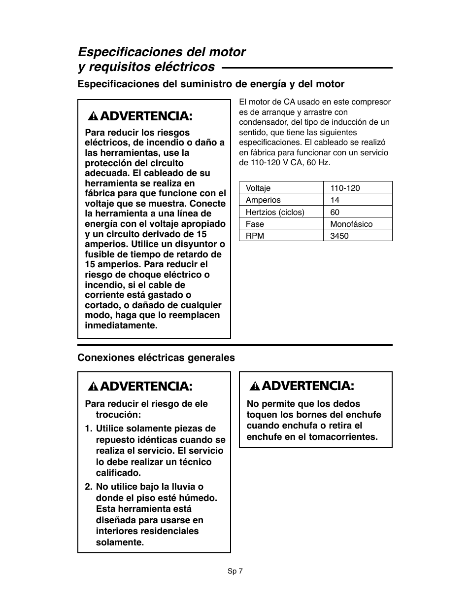 Especificaciones del motor y requisitos eléctricos, Advertencia | RIDGID OF45175A User Manual | Page 31 / 72