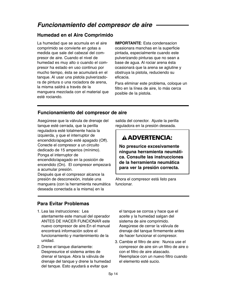 Funcionamiento del compresor de aire, Advertencia | RIDGID OF45175A User Manual | Page 38 / 72
