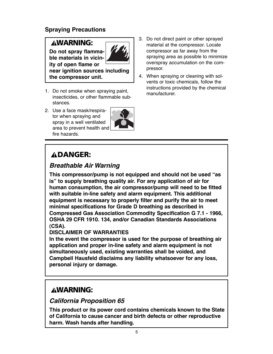 Warning, Danger, Breathable air warning | California proposition 65 | RIDGID OF45175A User Manual | Page 5 / 72