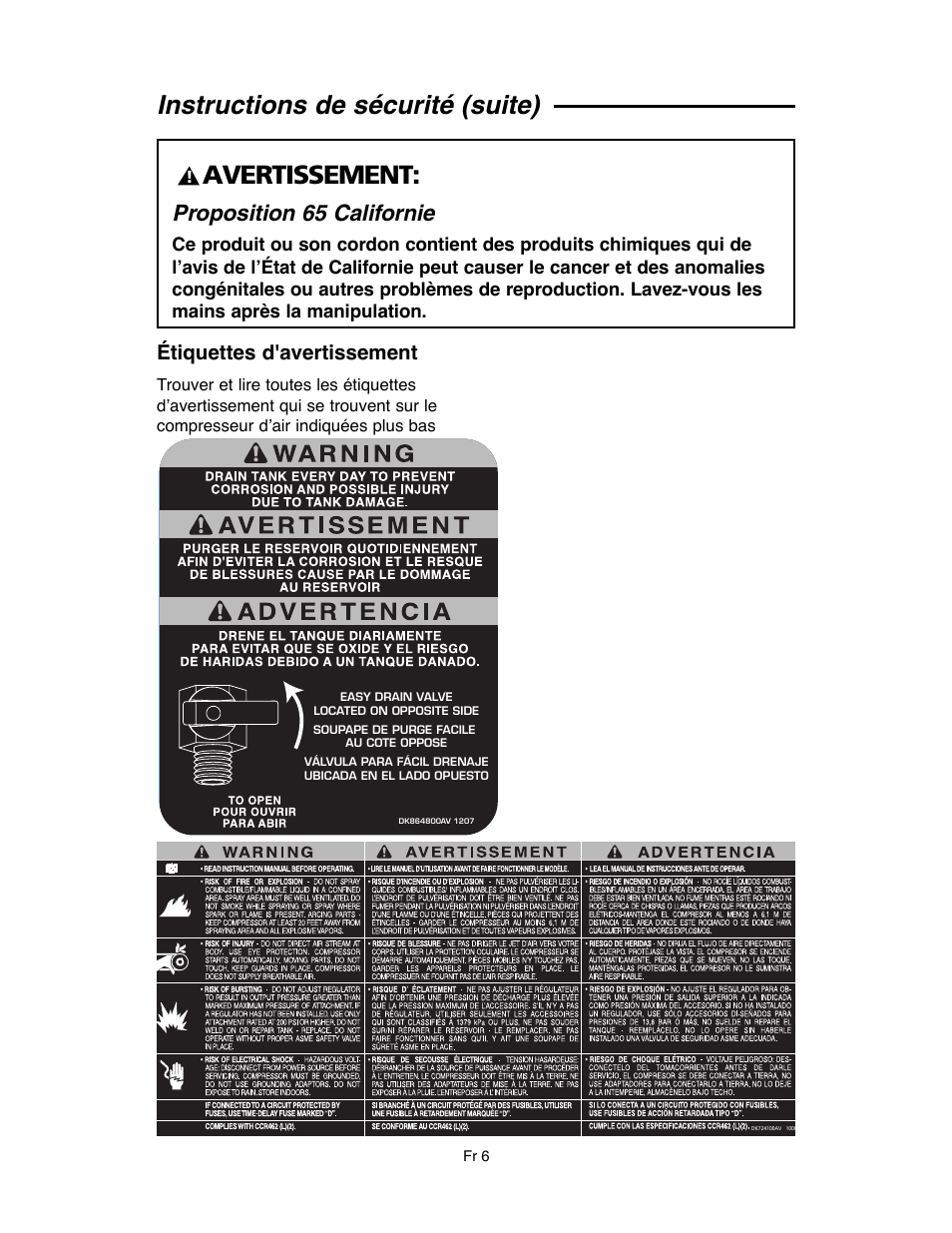 Instructions de sécurité (suite), Avertissement, Proposition 65 californie | Étiquettes d'avertissement | RIDGID OF45175A User Manual | Page 54 / 72