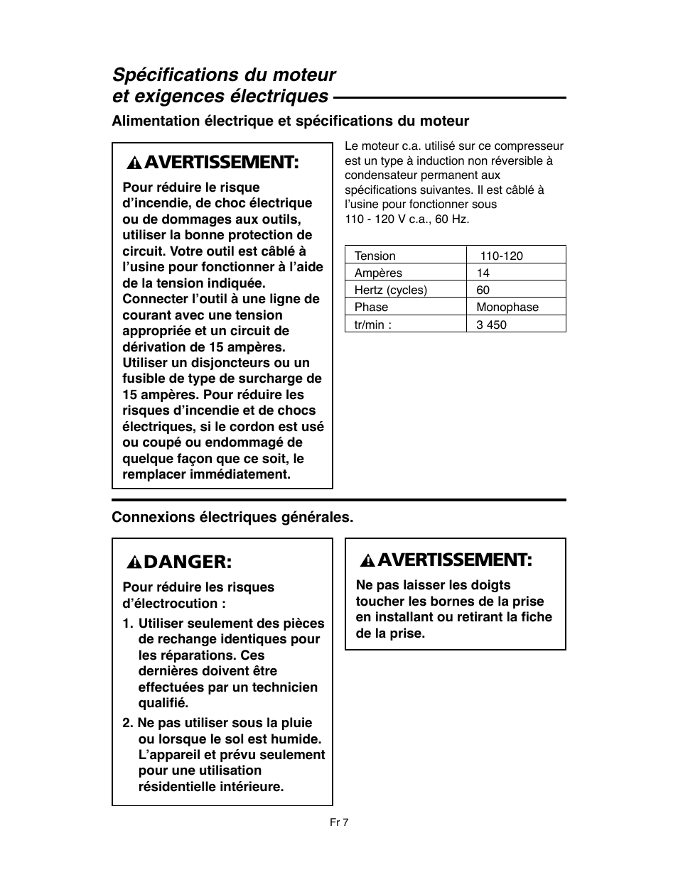 Spécifications du moteur et exigences électriques, Avertissement, Danger | RIDGID OF45175A User Manual | Page 55 / 72
