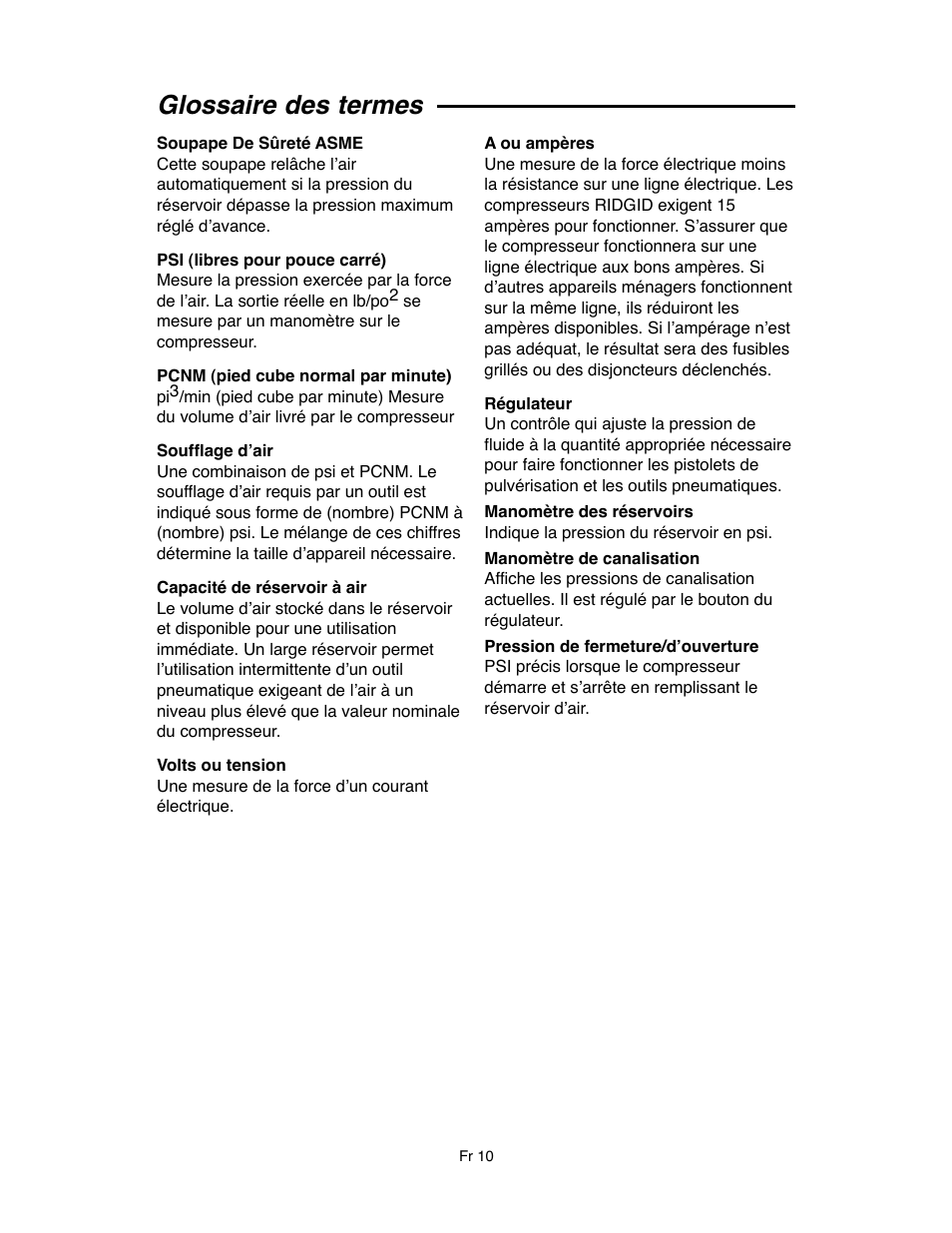 Glossaire des termes | RIDGID OF45175A User Manual | Page 58 / 72