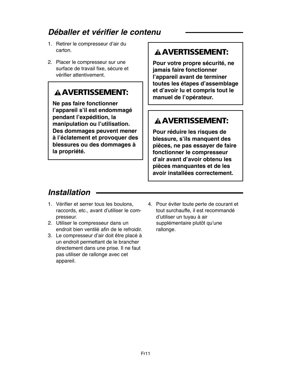 Déballer et vérifier le contenu, Avertissement, Installation | RIDGID OF45175A User Manual | Page 59 / 72