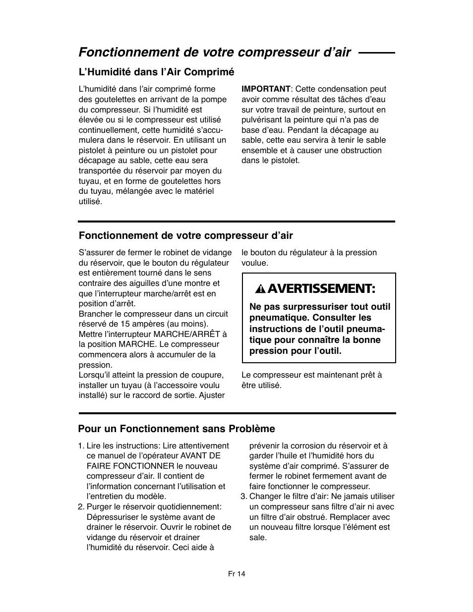 Fonctionnement de votre compresseur d’air, Avertissement | RIDGID OF45175A User Manual | Page 62 / 72