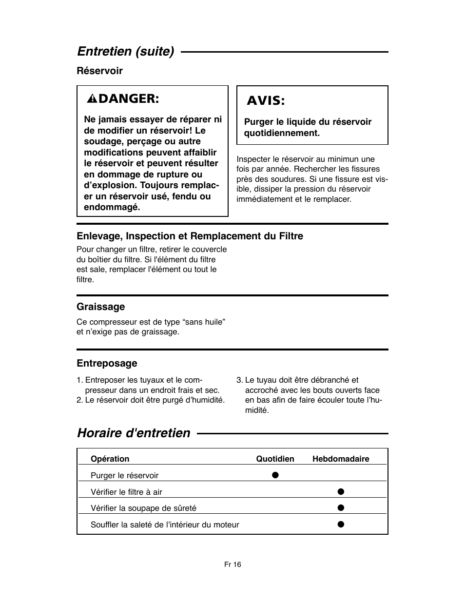 Entretien (suite), Danger, Avis | Horaire d'entretien | RIDGID OF45175A User Manual | Page 64 / 72