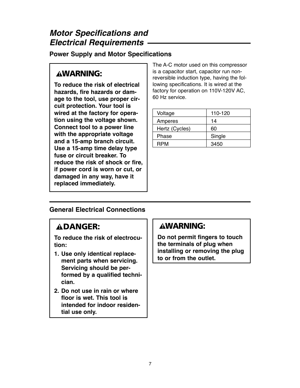 Motor specifications and electrical requirements, Warning, Danger | RIDGID OF45175A User Manual | Page 7 / 72