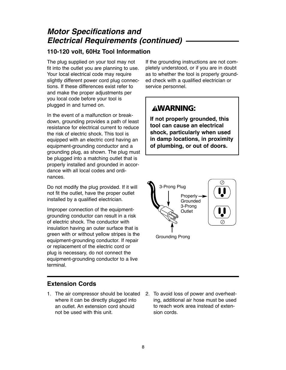 Warning, Extension cords | RIDGID OF45175A User Manual | Page 8 / 72