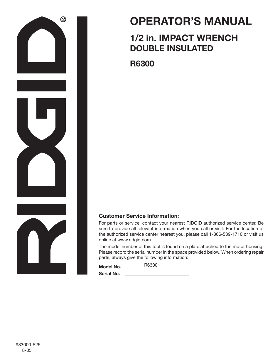 Operator’s manual, 1/2 in. impact wrench, Double insulated r6300 | RIDGID R6300 User Manual | Page 14 / 14