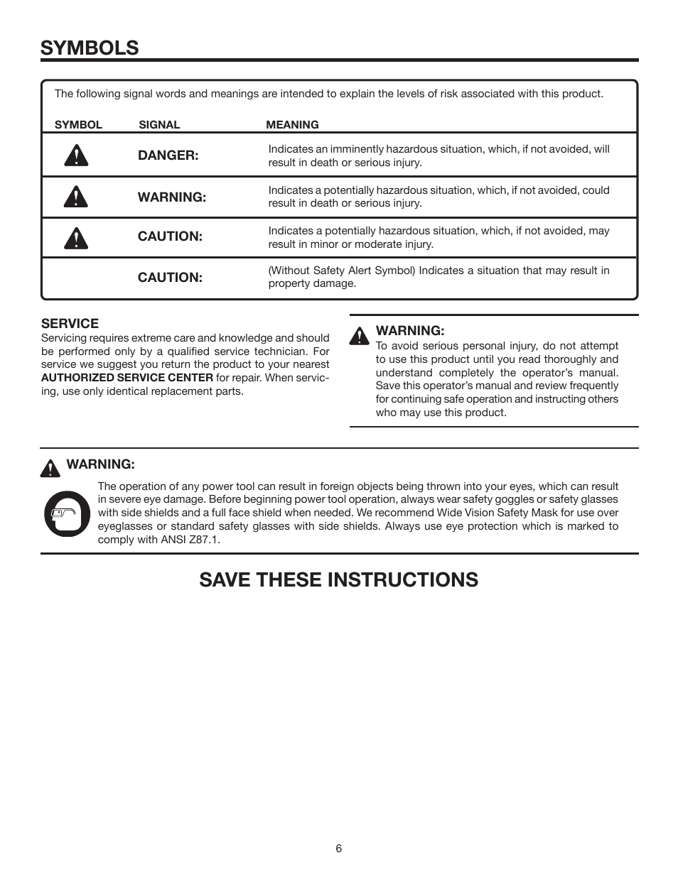 Symbols, Save these instructions | RIDGID R6300 User Manual | Page 6 / 14