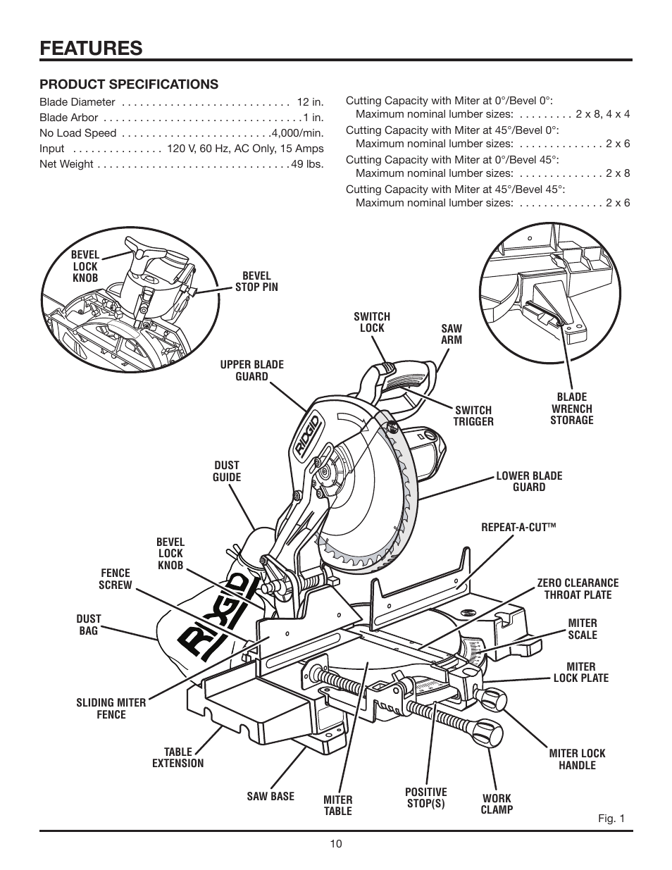 Features | RIDGID MS1250LZ User Manual | Page 10 / 36