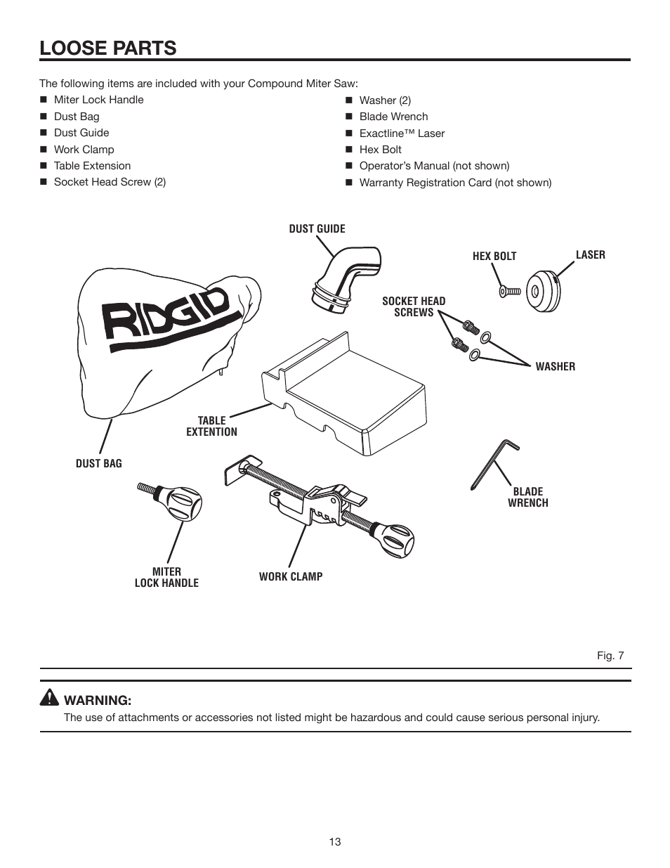 Loose parts | RIDGID MS1250LZ User Manual | Page 13 / 36