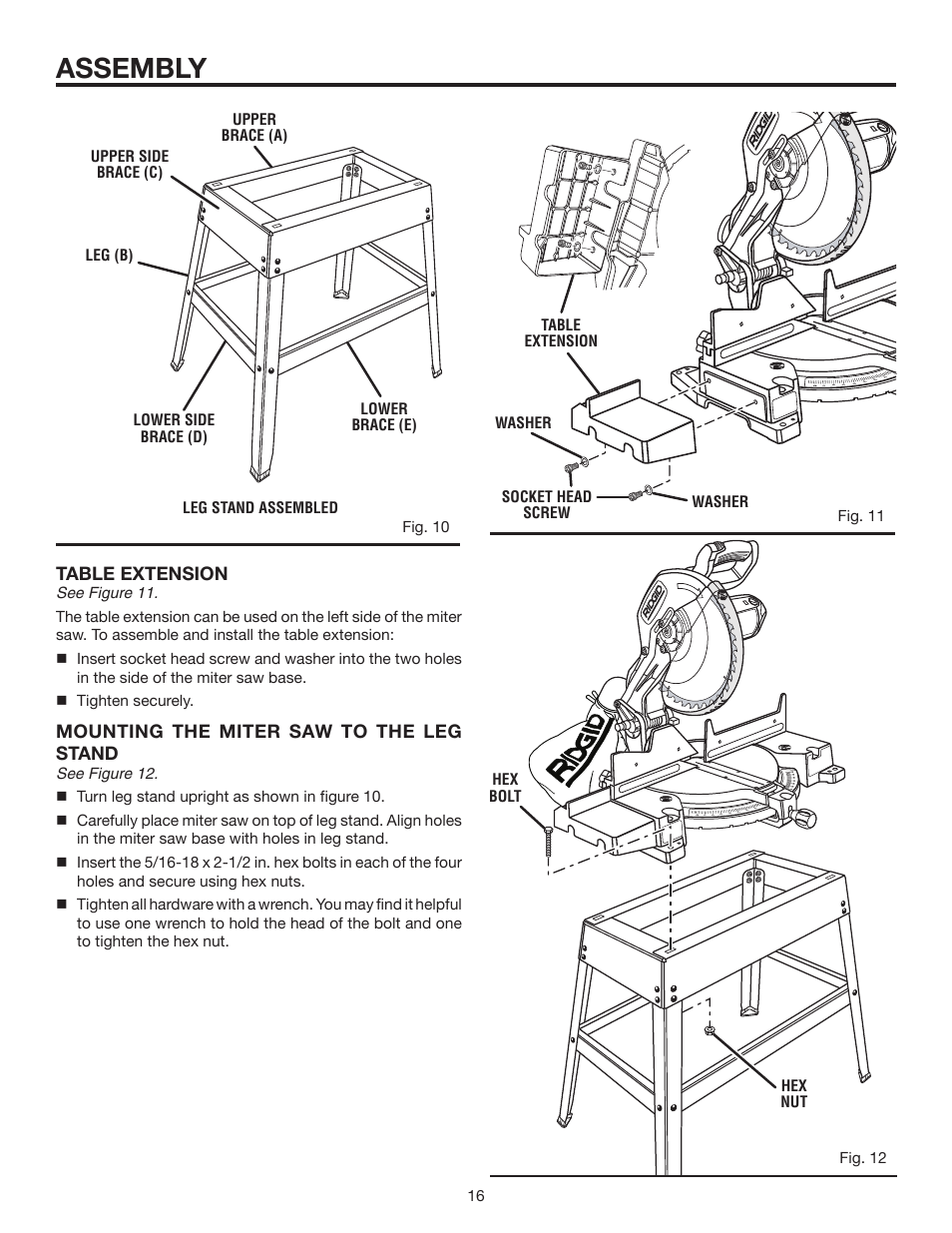 Assembly, Table extension, Mounting the miter saw to the leg stand | RIDGID MS1250LZ User Manual | Page 16 / 36