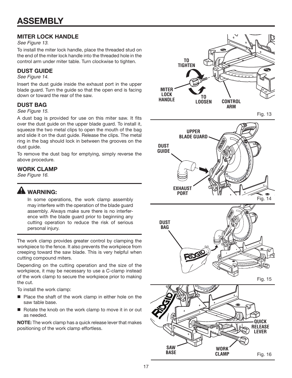 Assembly, Miter lock handle, Dust guide | Dust bag, Work clamp, Warning | RIDGID MS1250LZ User Manual | Page 17 / 36