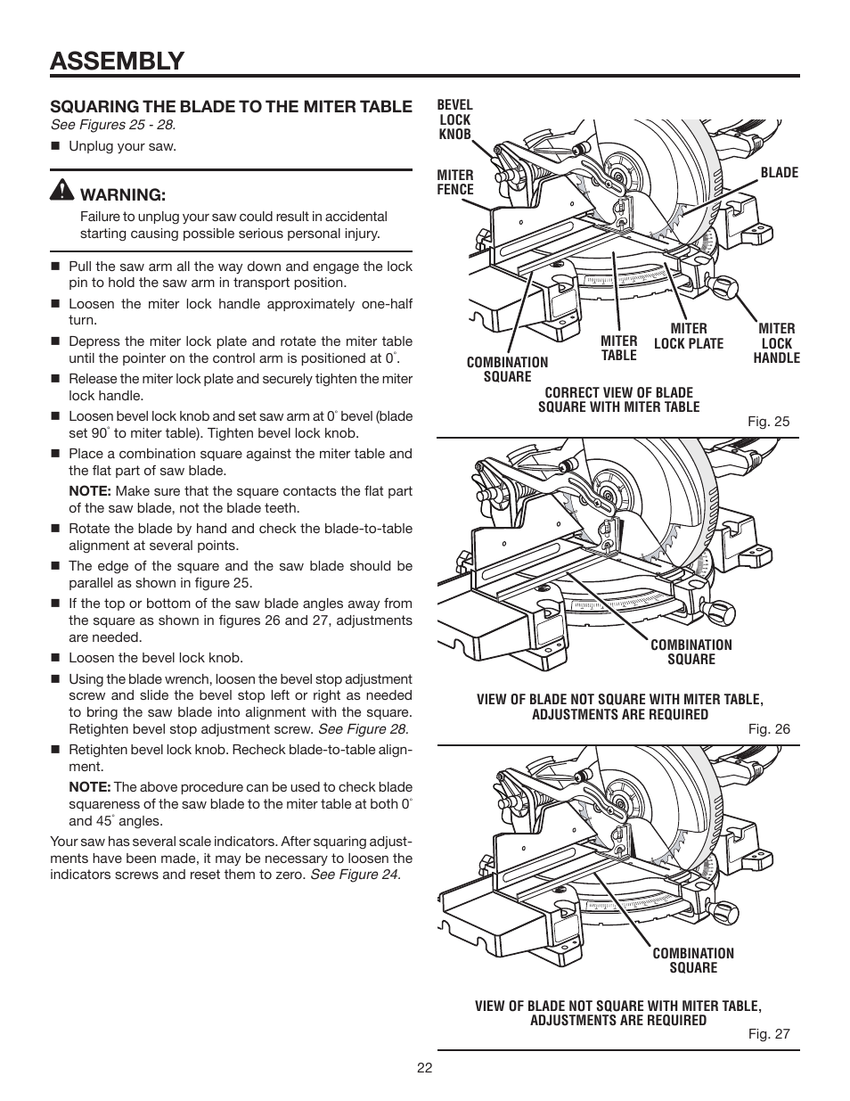 Assembly, Squaring the blade to the miter table, Warning | RIDGID MS1250LZ User Manual | Page 22 / 36