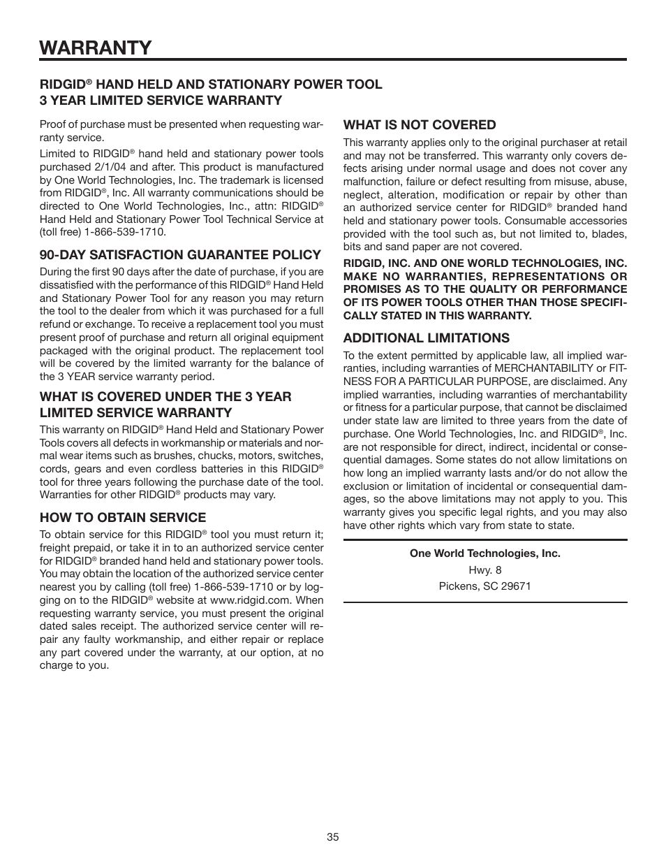 Warranty, Day satisfaction guarantee policy, How to obtain service | Ridgid, Additional limitations | RIDGID MS1250LZ User Manual | Page 35 / 36