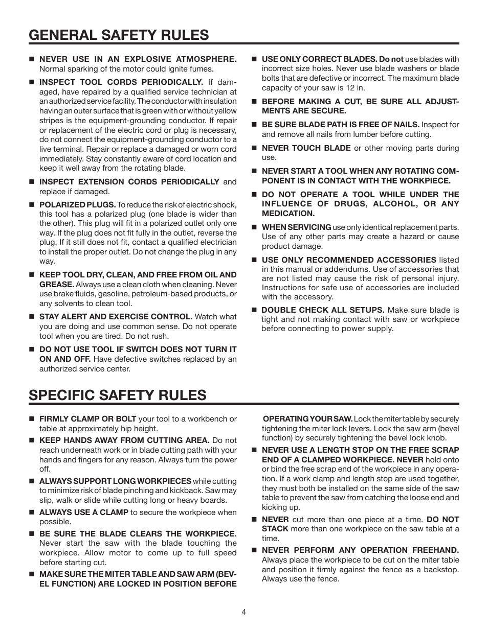 General safety rules, Specific safety rules | RIDGID MS1250LZ User Manual | Page 4 / 36