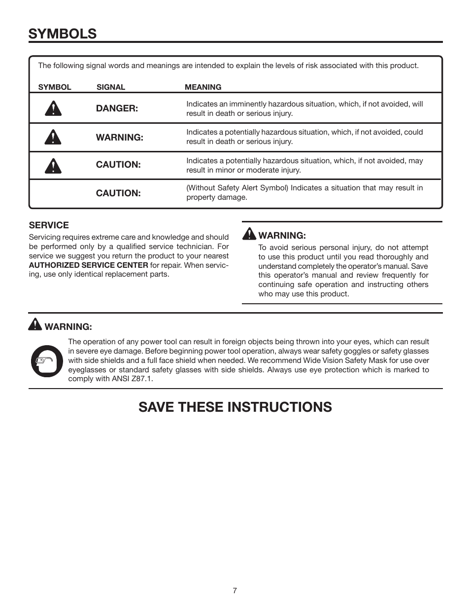 Symbols, Save these instructions | RIDGID MS1250LZ User Manual | Page 7 / 36