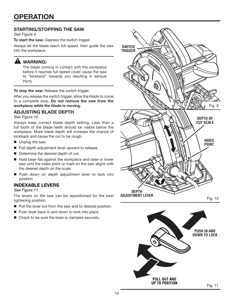 Operation, Starting/stopping the saw, Warning | Adjusting blade depth, Indexable levers | RIDGID R3202 User Manual | Page 14 / 22