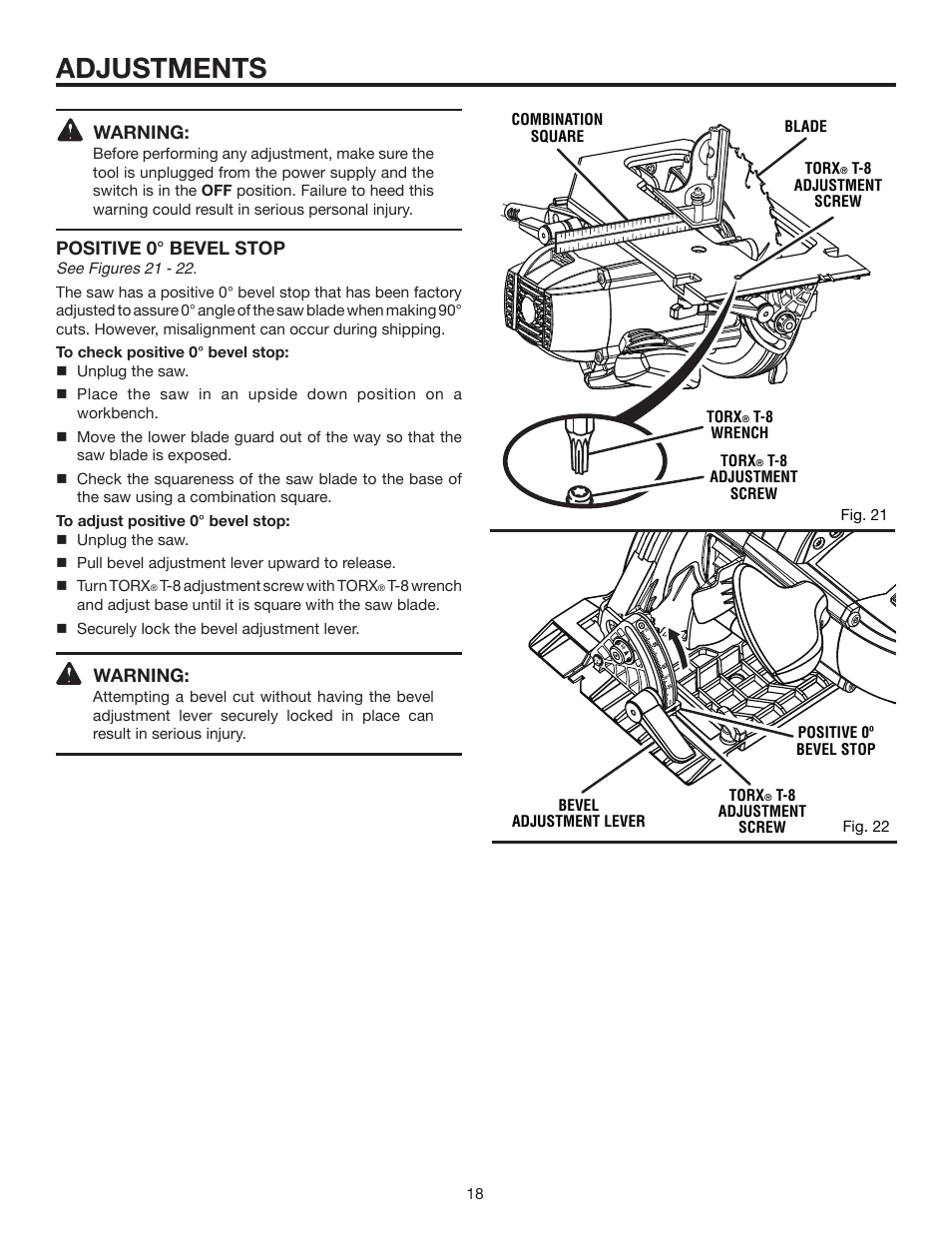 Adjustments, Warning, Positive 0° bevel stop | RIDGID R3202 User Manual | Page 18 / 22