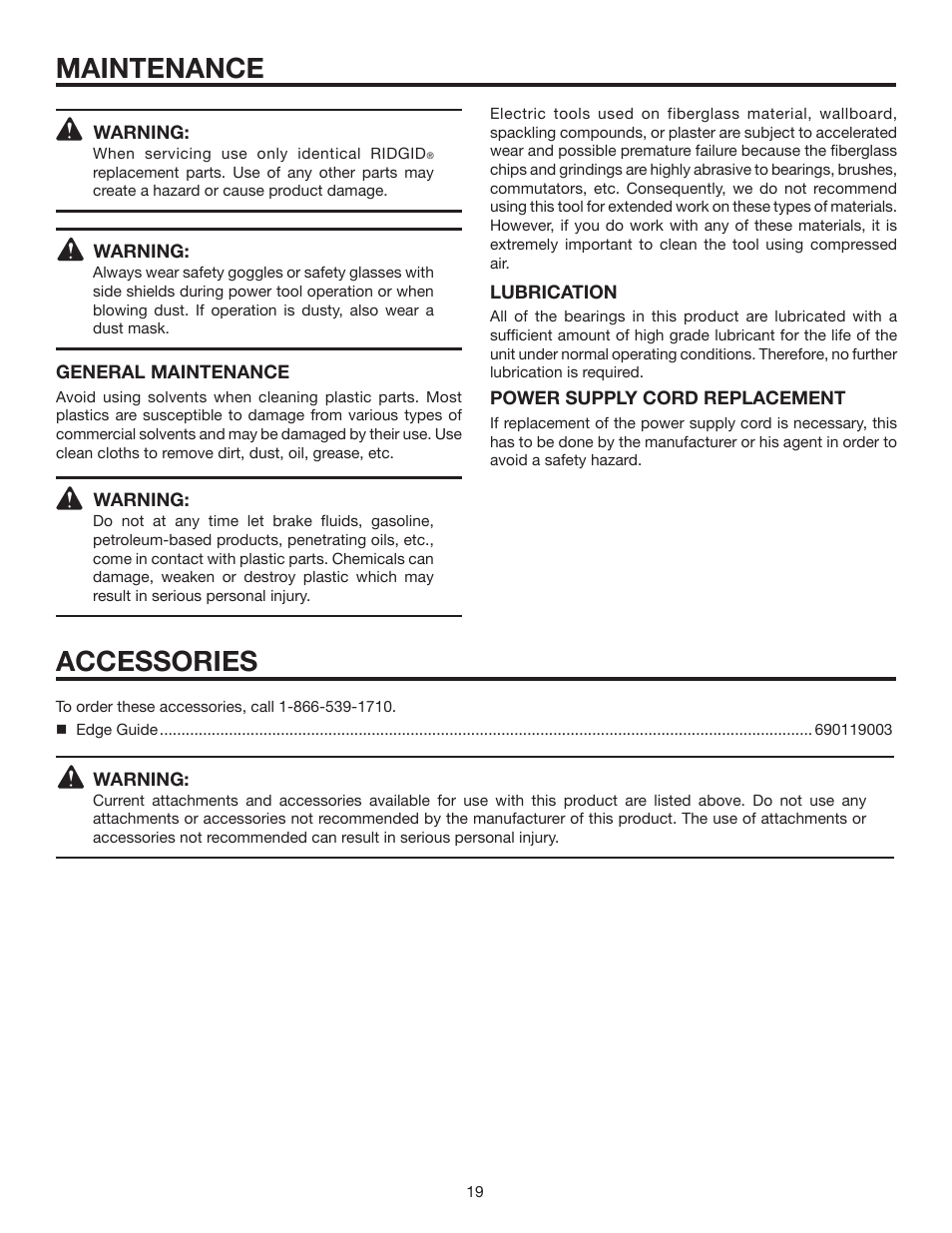 Maintenance, Accessories | RIDGID R3202 User Manual | Page 19 / 22