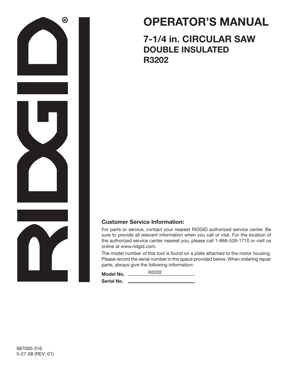Operator’s manual, 1/4 in. circular saw, Double insulated r3202 | RIDGID R3202 User Manual | Page 22 / 22
