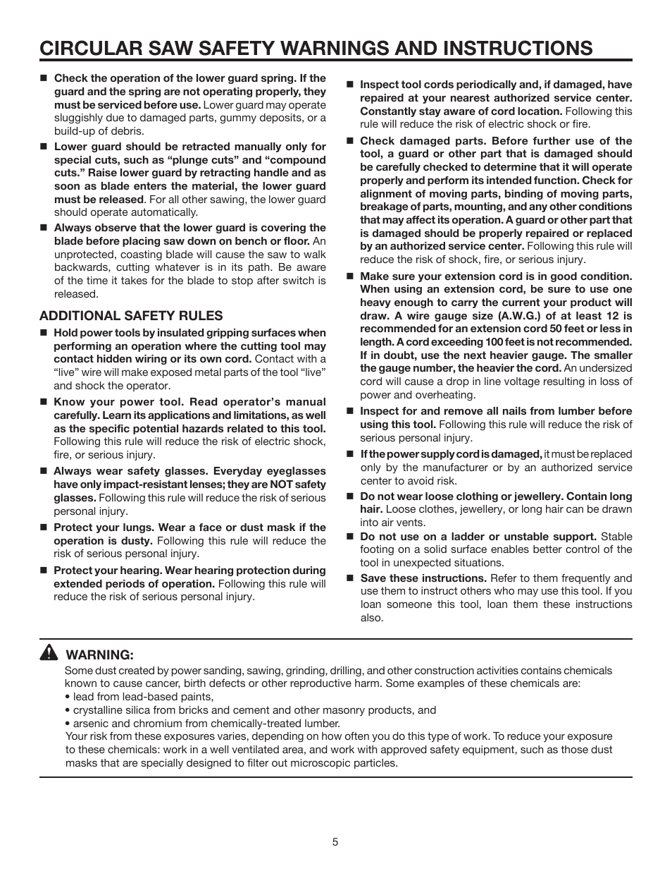 Circular saw safety warnings and instructions | RIDGID R3202 User Manual | Page 5 / 22