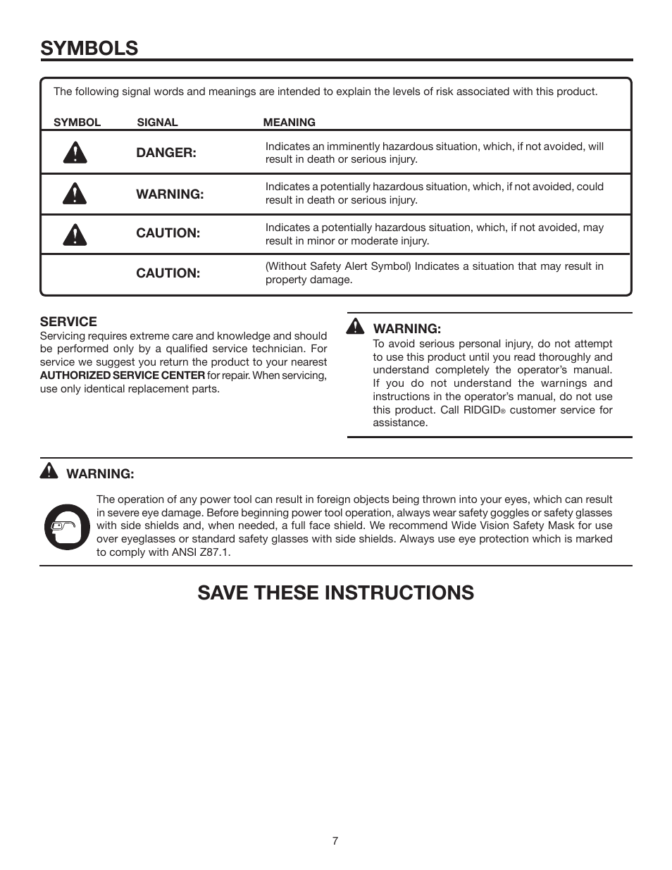 Symbols, Save these instructions | RIDGID R3202 User Manual | Page 7 / 22