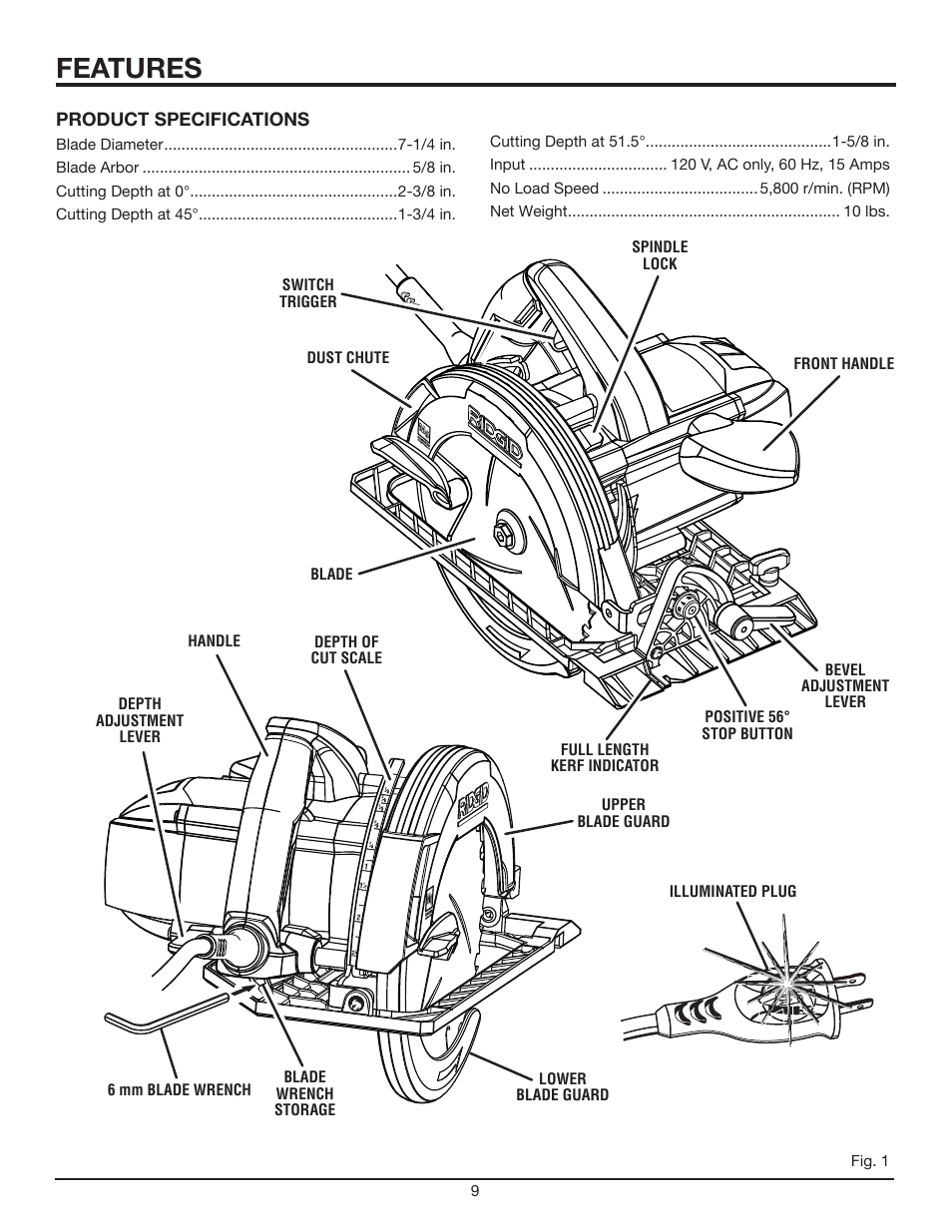 Features, Product specifications, 9upper blade guard | RIDGID R3202 User Manual | Page 9 / 22