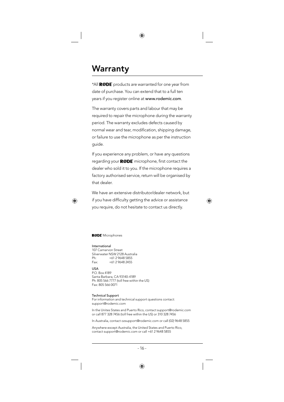 Warranty | RODE Microphones M3 User Manual | Page 16 / 16