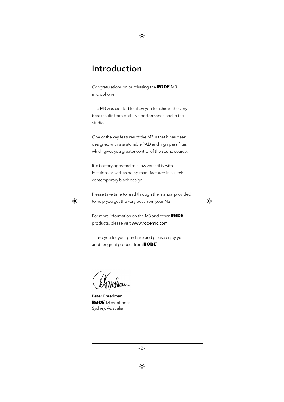 Introduction | RODE Microphones M3 User Manual | Page 2 / 16