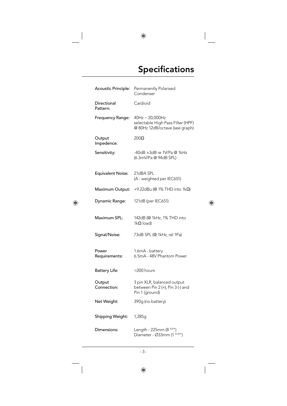 Specifi cations | RODE Microphones M3 User Manual | Page 3 / 16