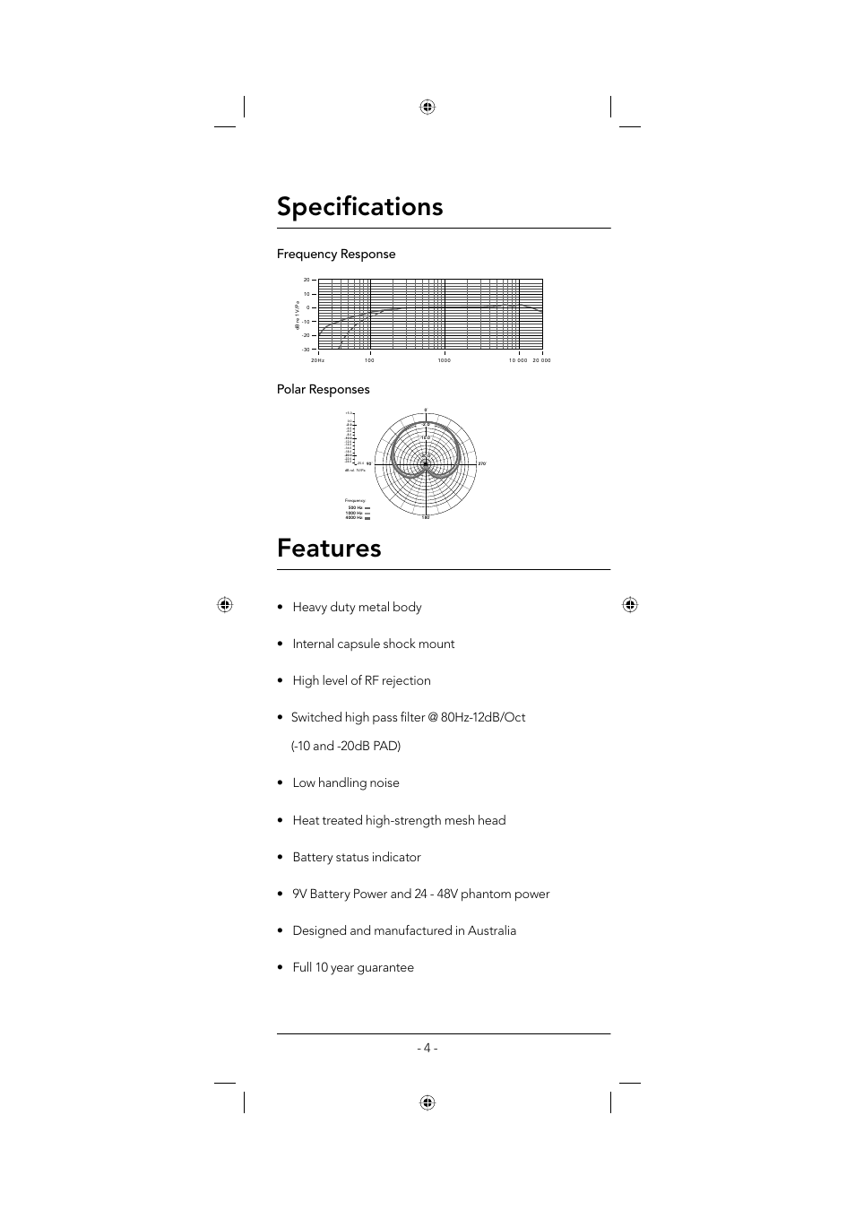 Specifi cations, Features | RODE Microphones M3 User Manual | Page 4 / 16