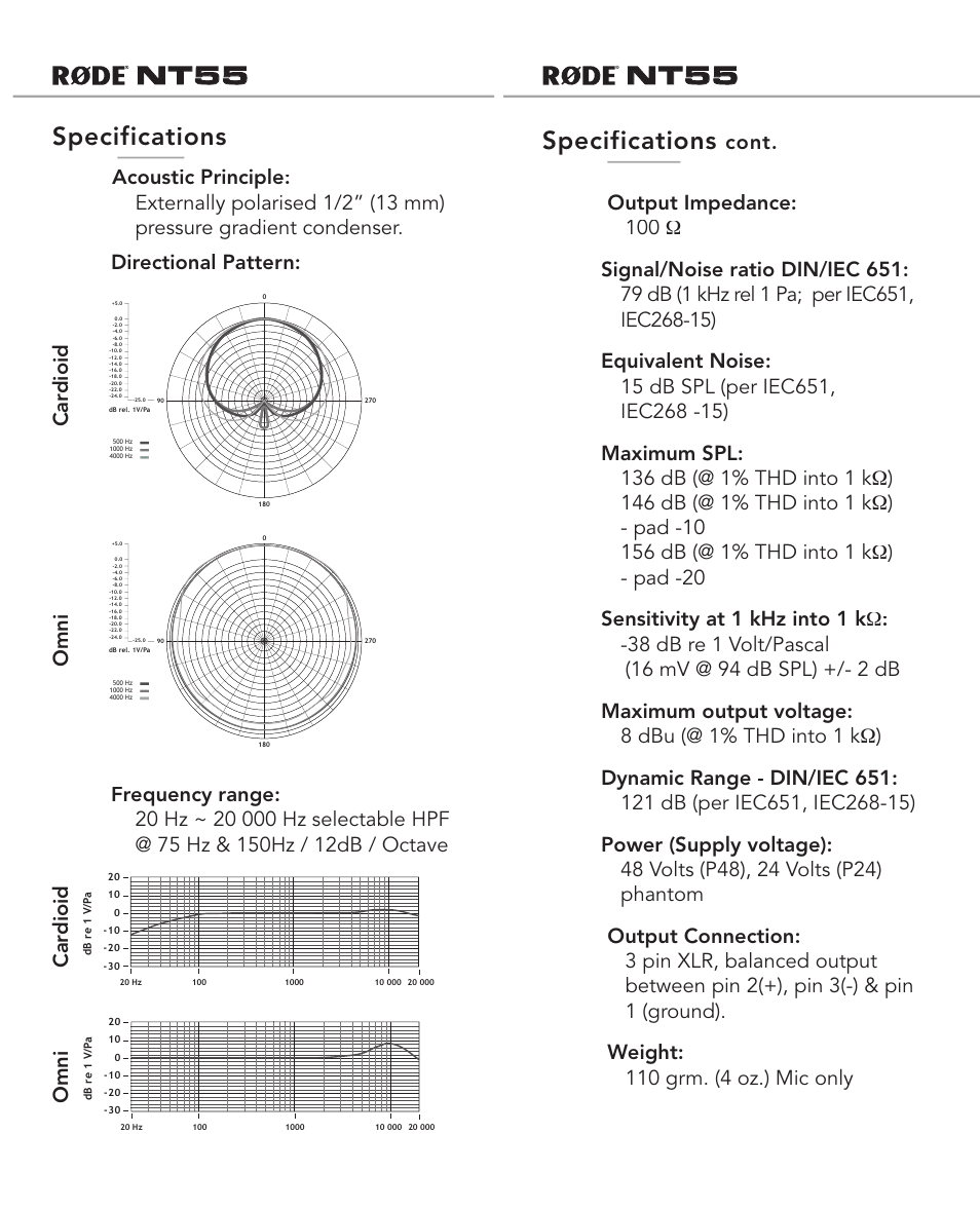 Specifications, Omni car dioid omni car dioid | RODE Microphones NT55 User Manual | Page 3 / 8