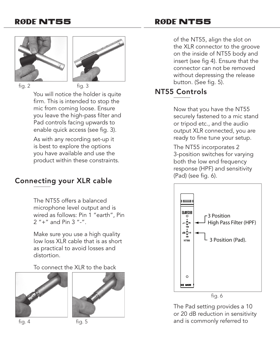 Connecting your xlr cable, Nt55 controls | RODE Microphones NT55 User Manual | Page 5 / 8