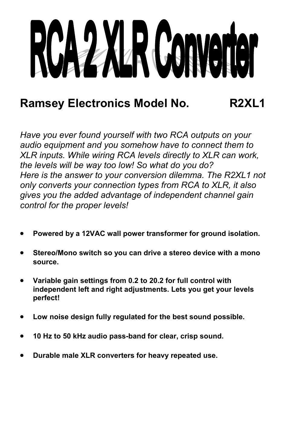 Ramsey Electronics RCA to XLR Converter R2XL1 User Manual | 20 pages