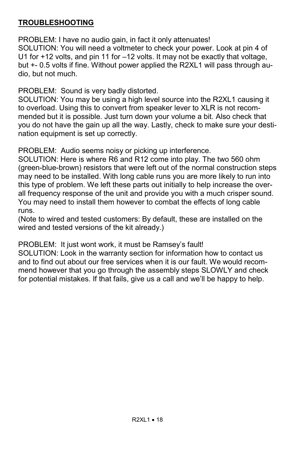 Ramsey Electronics RCA to XLR Converter R2XL1 User Manual | Page 18 / 20