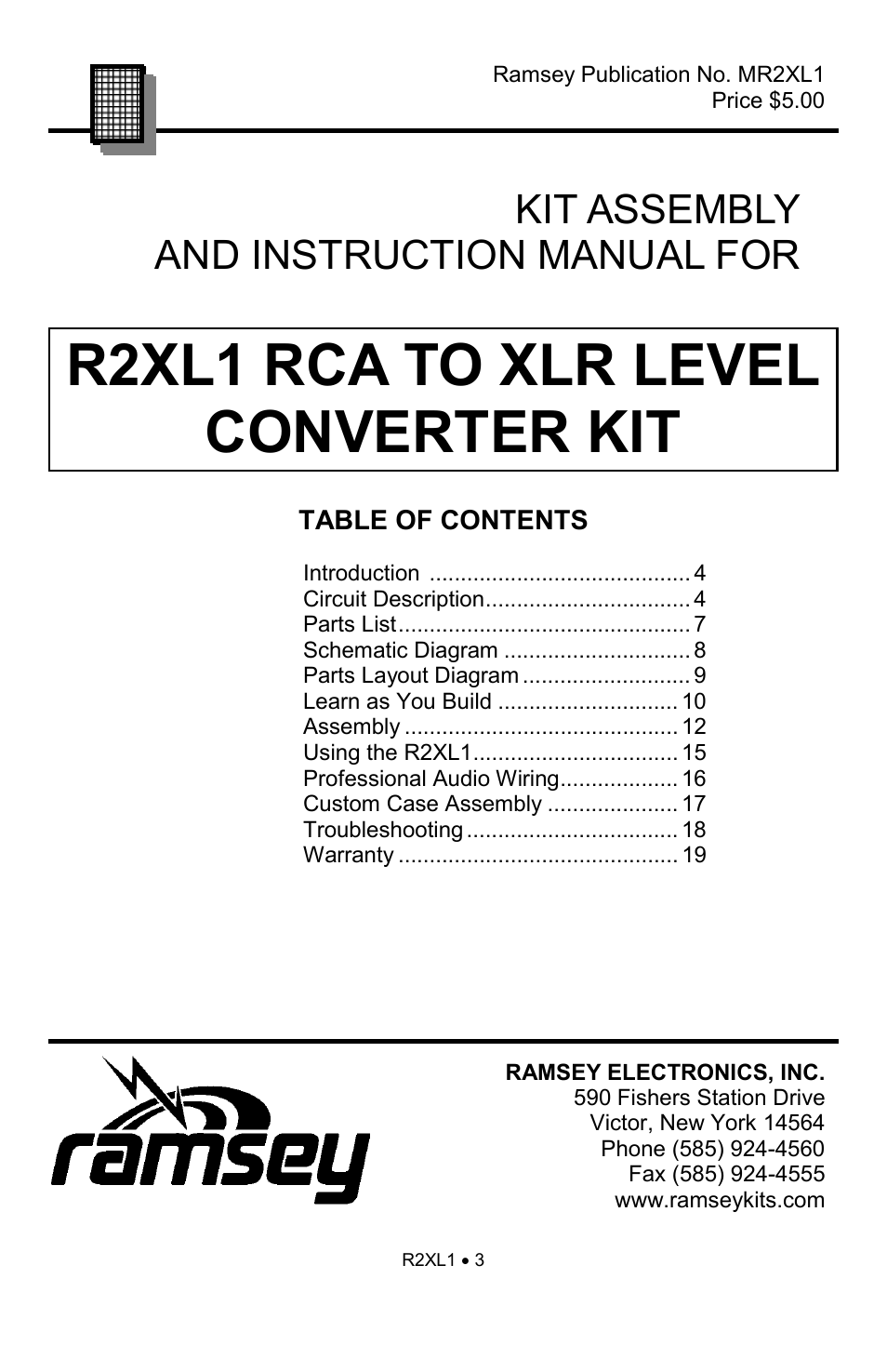 R2xl1 rca to xlr level converter kit, Kit assembly and instruction manual for | Ramsey Electronics RCA to XLR Converter R2XL1 User Manual | Page 3 / 20