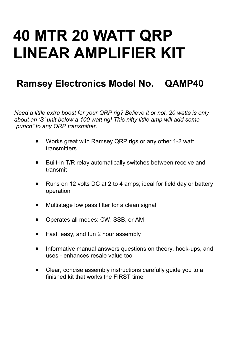 Ramsey Electronics QAMP40 User Manual | 20 pages