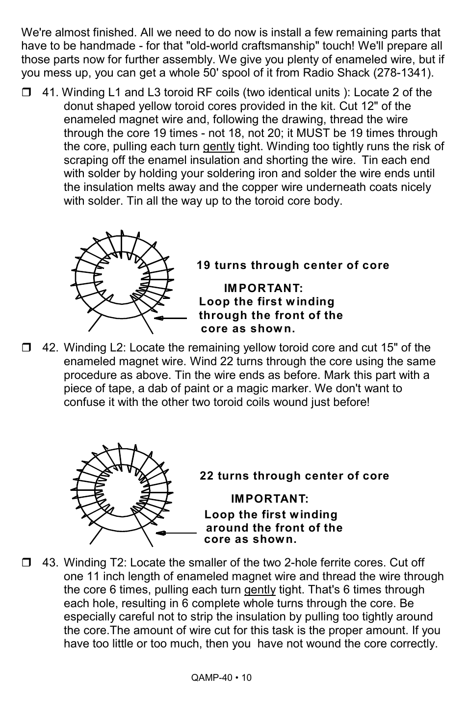 19 turns through center of core, Im portant, Loop the first w inding | Through the front of the, Core as show n, 22 turns through center of core, Around the front of the | Ramsey Electronics QAMP40 User Manual | Page 10 / 20