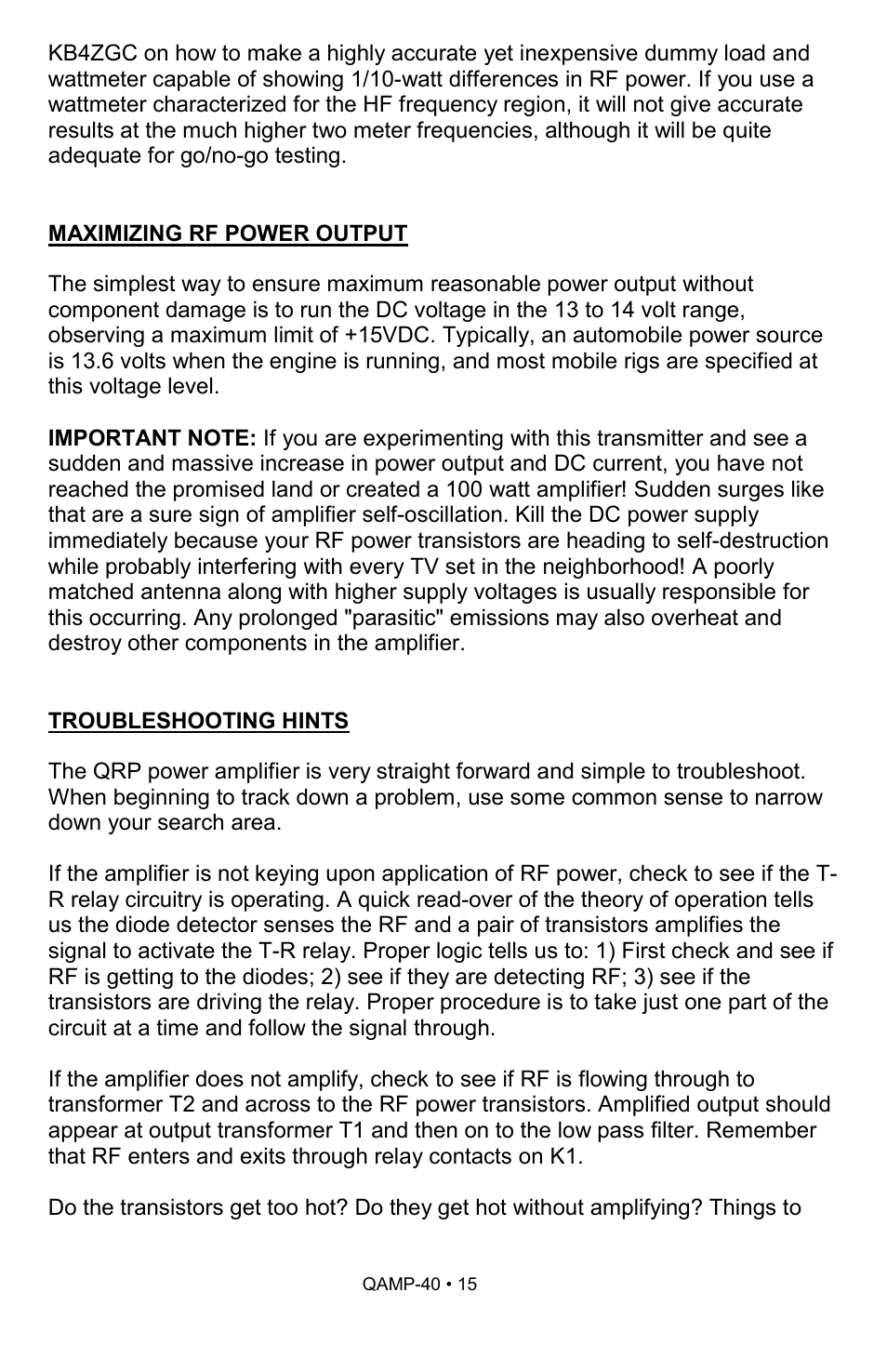 Ramsey Electronics QAMP40 User Manual | Page 15 / 20