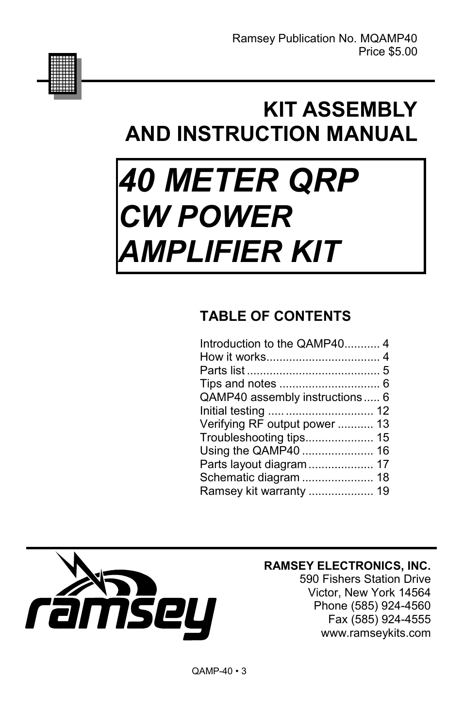 40 meter qrp, Cw power amplifier kit, Kit assembly and instruction manual | Ramsey Electronics QAMP40 User Manual | Page 3 / 20