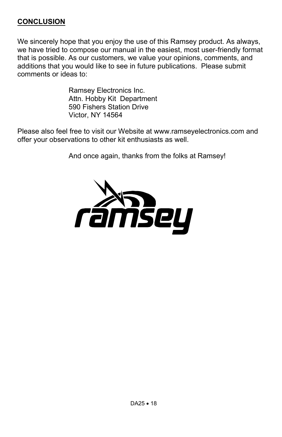 Ramsey Electronics DA25 User Manual | Page 18 / 20