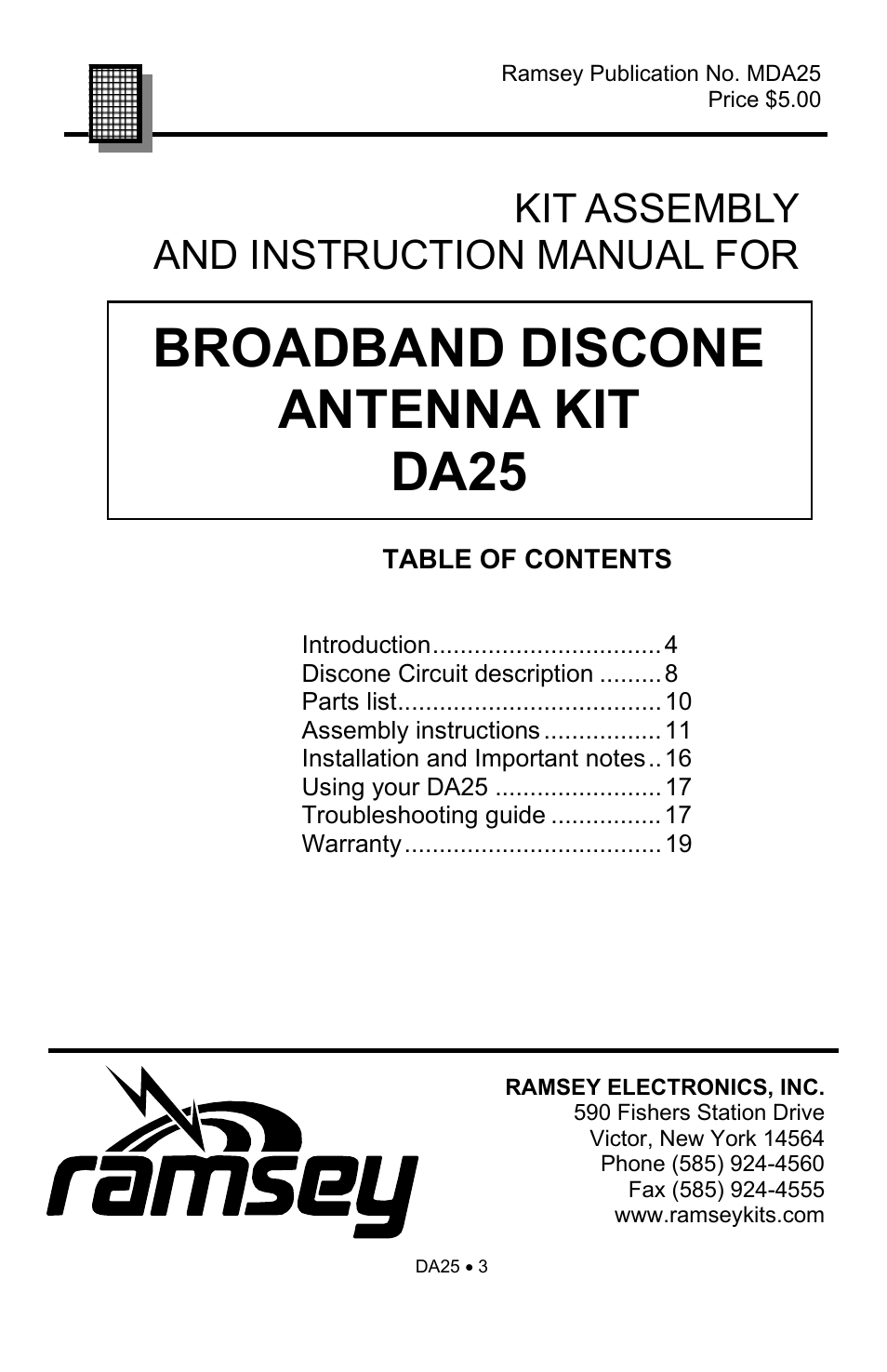 Broadband discone antenna kit da25, Kit assembly and instruction manual for | Ramsey Electronics DA25 User Manual | Page 3 / 20