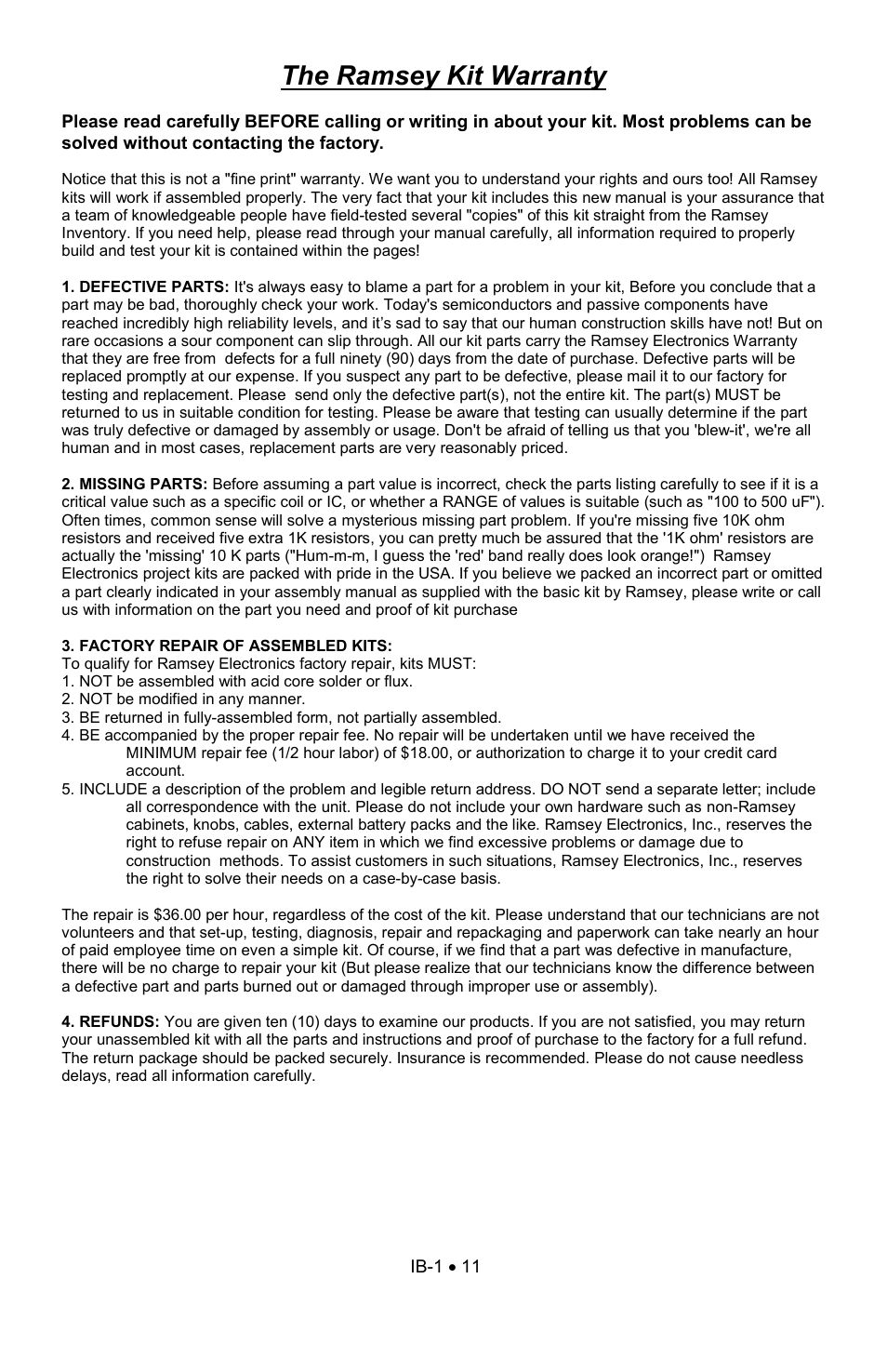 The ramsey kit warranty | Ramsey Electronics Interface Board Kit IB1 User Manual | Page 11 / 12