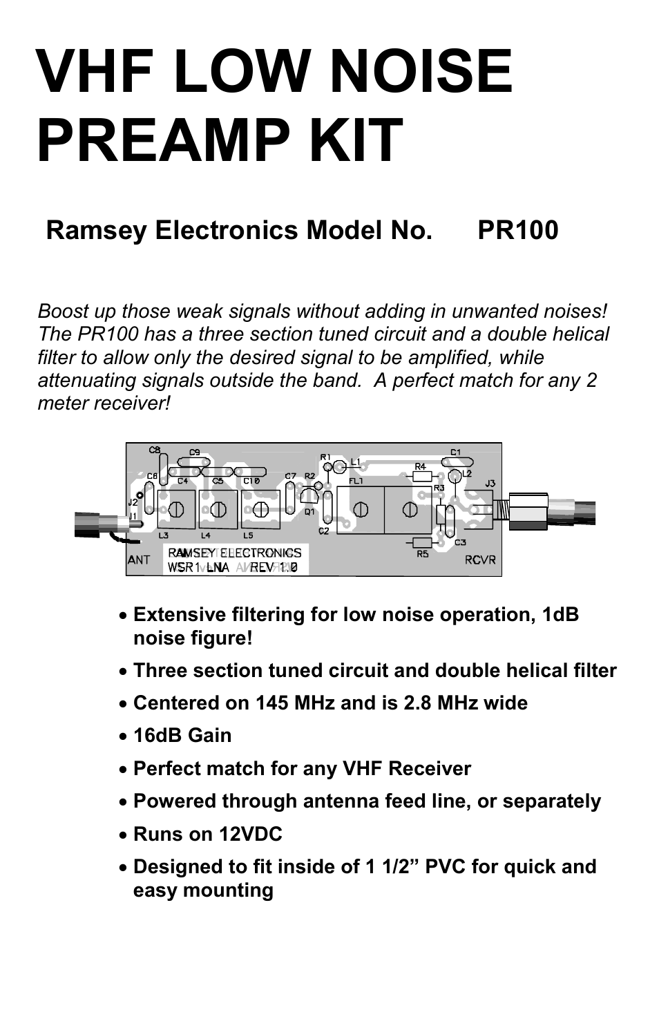 Ramsey Electronics VHF Low Noise Preamp Kit PR100 User Manual | 16 pages