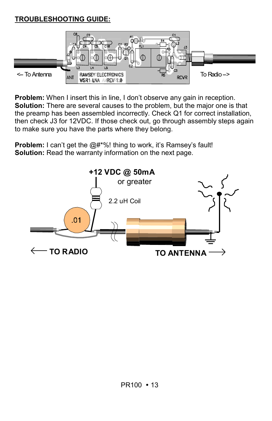 12 vdc @ 50ma | Ramsey Electronics VHF Low Noise Preamp Kit PR100 User Manual | Page 13 / 16