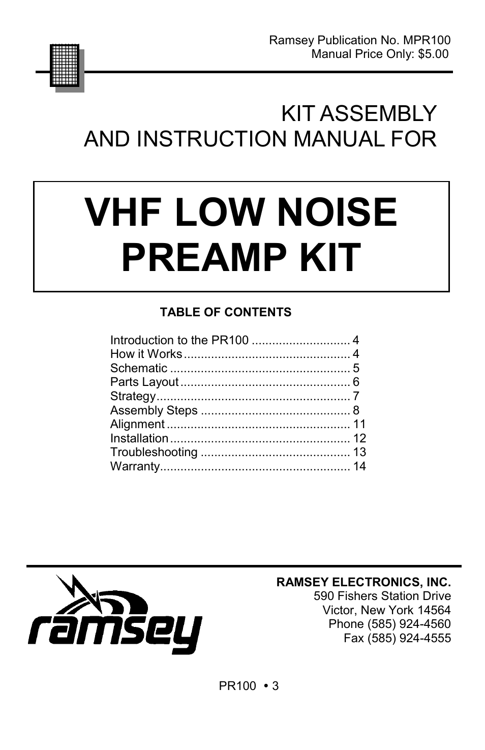 Vhf low noise preamp kit, Kit assembly and instruction manual for | Ramsey Electronics VHF Low Noise Preamp Kit PR100 User Manual | Page 3 / 16