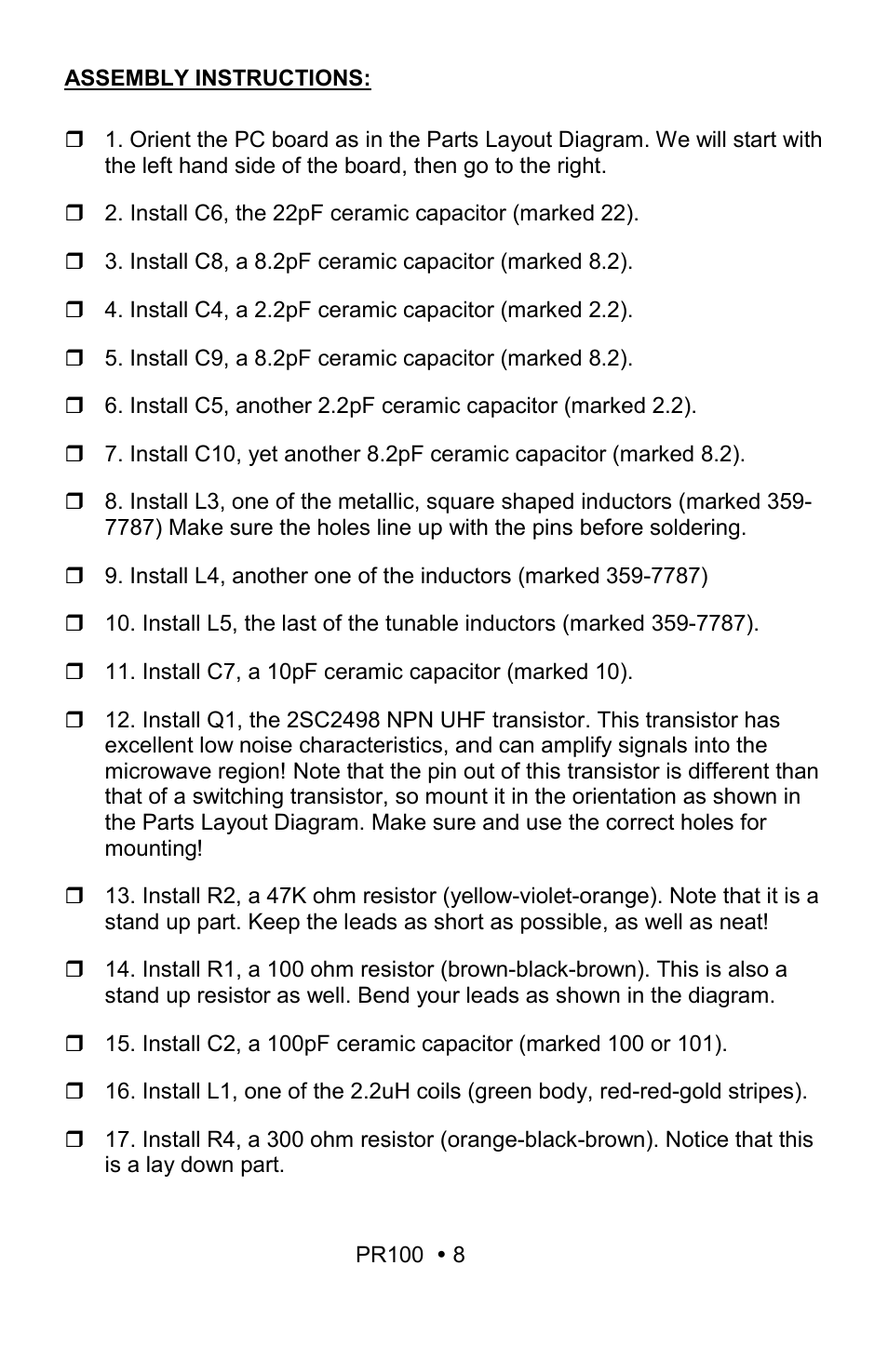 Ramsey Electronics VHF Low Noise Preamp Kit PR100 User Manual | Page 8 / 16