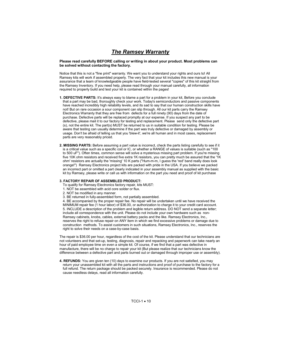 The ramsey warranty | Ramsey Electronics TCCI-1 User Manual | Page 10 / 11